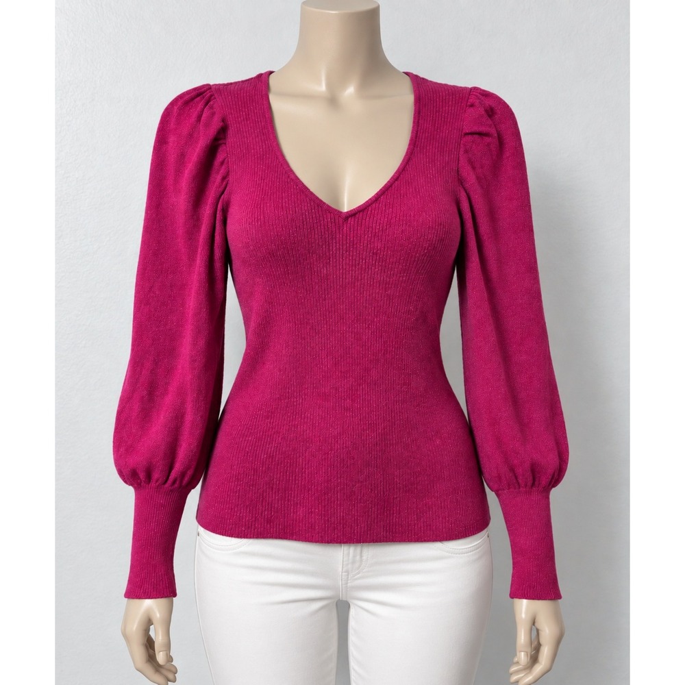 Cato Magenta Pink Metallic Ribbed Puff Shoulder V-Neck Sweater Size Medium